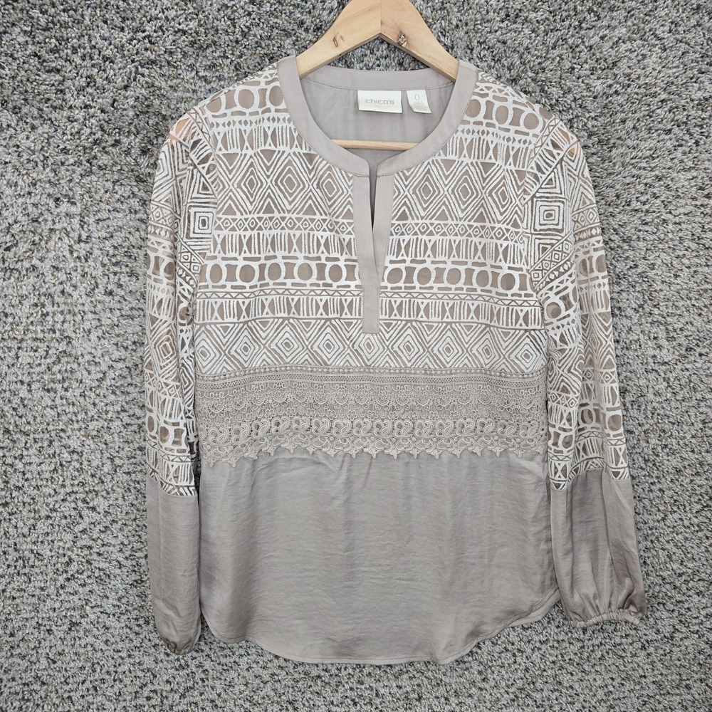 Chicos Top Womens 0 US Small‎ Beige V Neck Tunic Blouse Long Sleeve Casual
